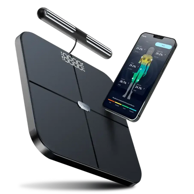 Hume Body Pod scale with handlebar sensor and smartphone displaying body composition analysis, highlighting HSA/FSA eligibility and advanced health tracking features.