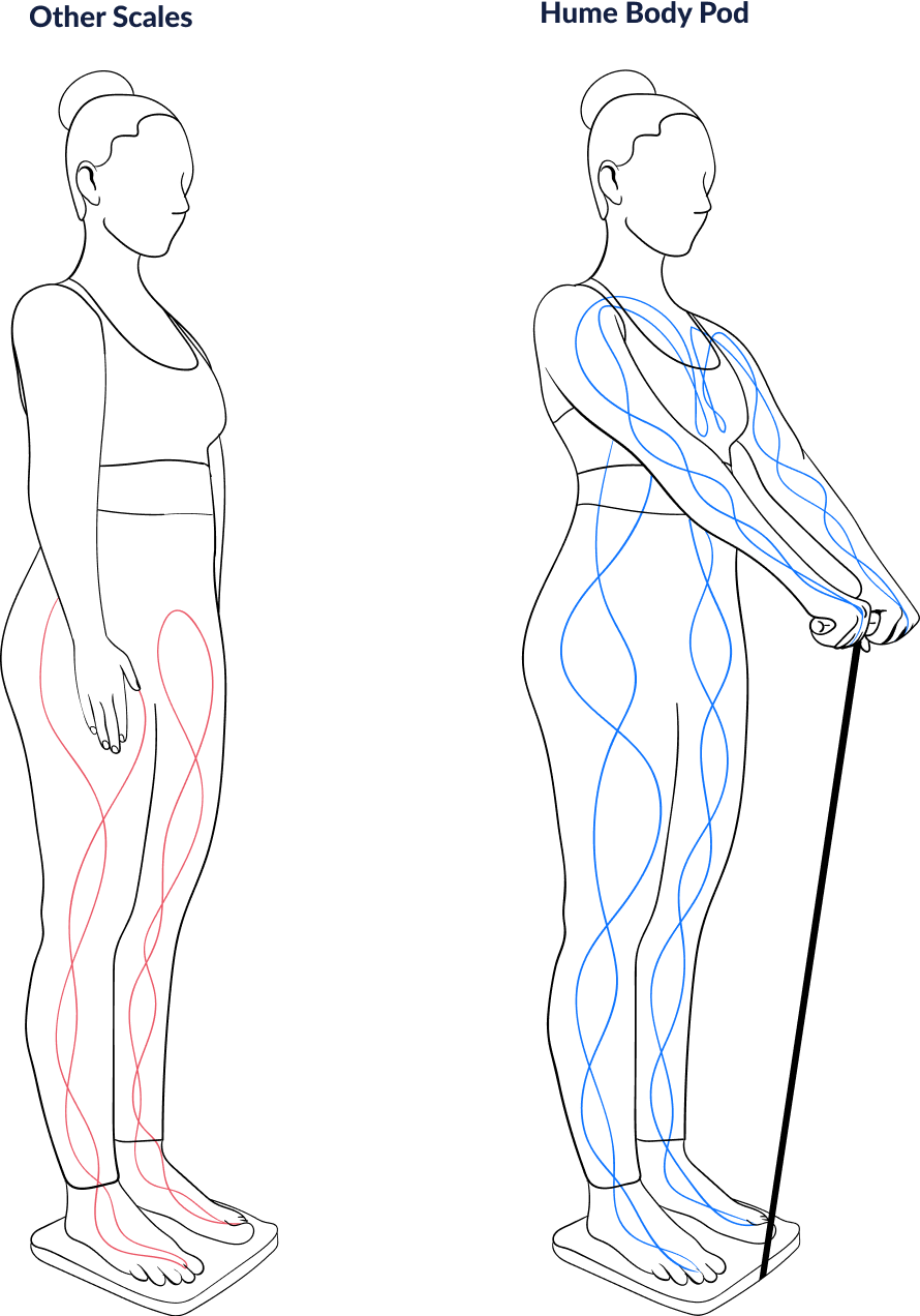 Comparison diagram of other body scales vs Hume Body Pod, showing full-body bioelectrical impedance measurement with hand and foot sensors for more accurate body composition analysis.